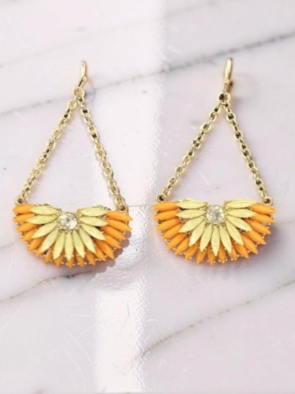 Vibrant Lime & Citrus Orange Beaded Fan Dangle Earrings with CZ Center 💎